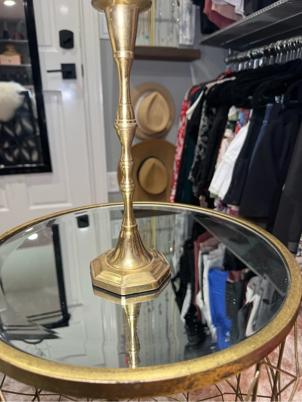 Brass Taper Candle Holder with Mirror Top - Gold